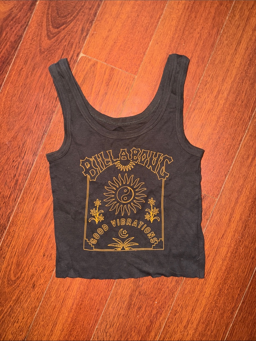 Billabong Black Crop Tank with Gold Sun Graphic